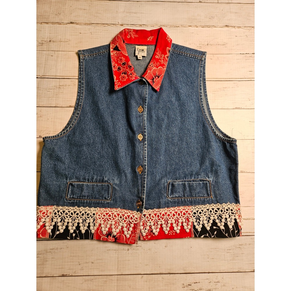 Vintage Cottagecore Denim Vest Floral Bandana Crochet Lace Boho Western M